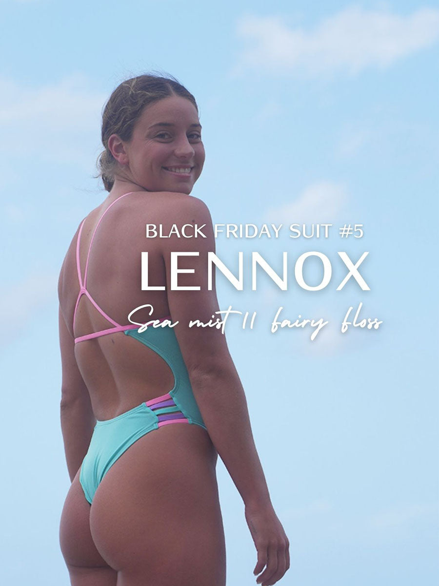 JAYD Swimwear mid cut Lennox one piece will be released in the colour Sea Mist with contrasting Fairy Floss straps This will be the 5th suit in the Black Friday Campaign