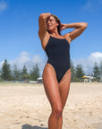 Front view of JAYD Swimwear full coverage tie back athletic one piece: Riva in Atlantic