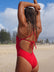 Close view of JAYD Swimwear full coverage tie back athletic one piece: Riva in Ruby 