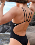 JAYD Swimwear, Athletic one piece, Finley in colour black. Close up of the back detailing. 