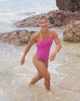 JAYD Swimwear design a contrasting fixed back one piece in the colour Orchid. Taylor is wearing the Lennox style.