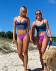 JAYD Swimwear, Odessa bottoms, made for surfing  in the Soft Dream Material. Model is wearing Purple colour.