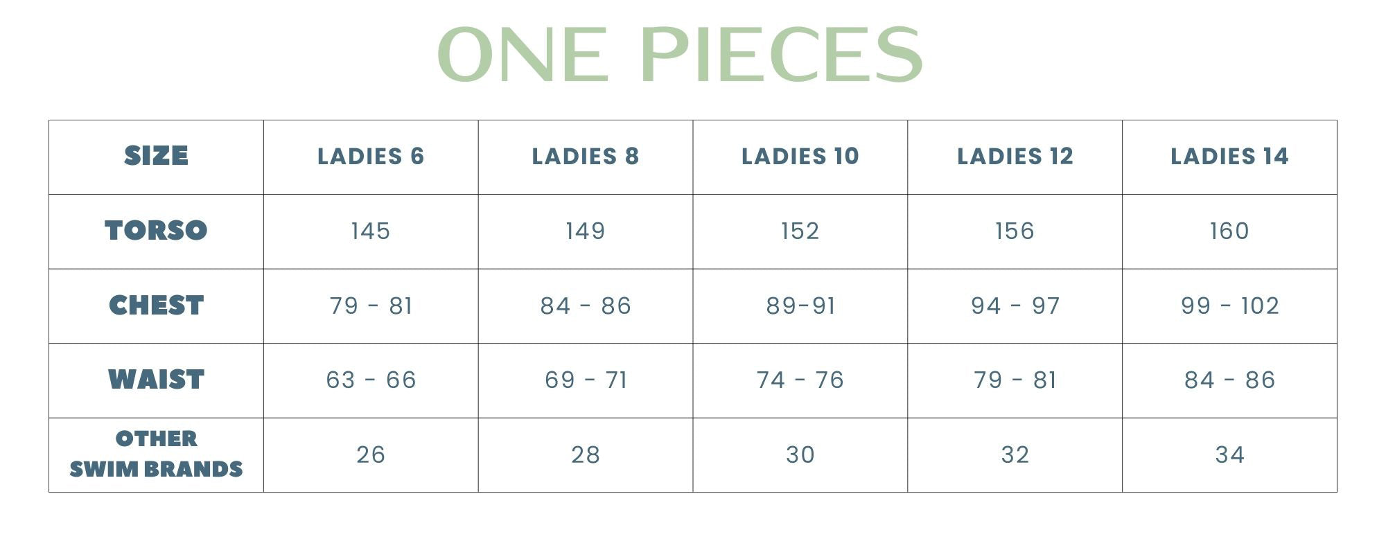 JAYD Swimwear, One Pieces Sizing Chart for Athletic Swimwear