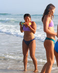 Front view of seamless, athletic, full coverage JAYD Swimwear Cali bikini bottoms in Navy blue.