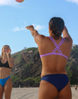 Close view of seamless, athletic, full coverage JAYD Swimwear Cali bikini bottoms in Navy blue.