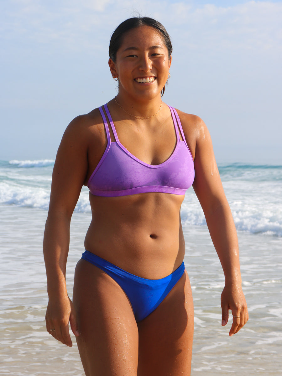 Front view of seamless, athletic, cheeky coverage JAYD Swimwear Minnie bikini bottoms in Cobalt Blue.