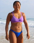 Front view of seamless, athletic, cheeky coverage JAYD Swimwear Minnie bikini bottoms in Cobalt Blue.