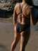 Athlete Soraya wears the Tallow fixed back one piece by JAYD Swimwear in the colour Cacao. Tallow offers tension distributing straps.