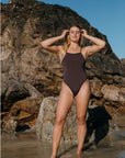 Athlete Soraya wears the Tallow fixed back one piece by JAYD Swimwear in the colour Cacao. Tallow offers tension distributing straps and is ultra durable.