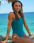 Front view of athletic swimsuit Apsley One Piece in Cove Green by JAYD Swimwear