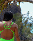 Strap view of athletic swimsuit Finley One Piece in Splice Green by JAYD Swimwear