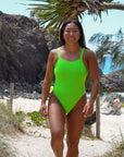 Front view of athletic swimsuit Finley One Piece in Splice Green by JAYD Swimwear