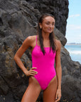 Front view of athletic swimsuit Siena One Piece in Pink Sorbet by JAYD Swimwear