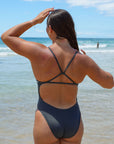 Close back view of Tallow One Piece Athletic Swimsuit in Carbon by JAYD Swimwear