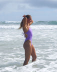 Side view of JAYD Swimwear tie back athletic one piece: Isla in Lilac Haze