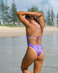 Back view of JAYD Swimwear tie back athletic one piece: Isla in Lilac Haze