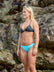 Front view of model wearing athletic, cheeky coverage JAYD Swimwear Minnie bikini bottoms in Mykonos blue.