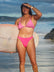 Front view of seamless, athletic, full coverage JAYD Swimwear Cali bikini bottoms in Pink Sorbet.