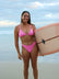 Front view of seamless, athletic, full coverage JAYD Swimwear Connie bikini bottoms in Fairy Floss Pink.