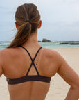 Close back strap view of JAYD Swimwear Torquay bikini top in cacao.