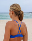 Close back strap view of JAYD Swimwear Cobalt blue Torquay bikini.