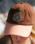 Brown and apricot JAYD Baseball Cap with embroidered Salty Summer design featuring coral and a starfish.