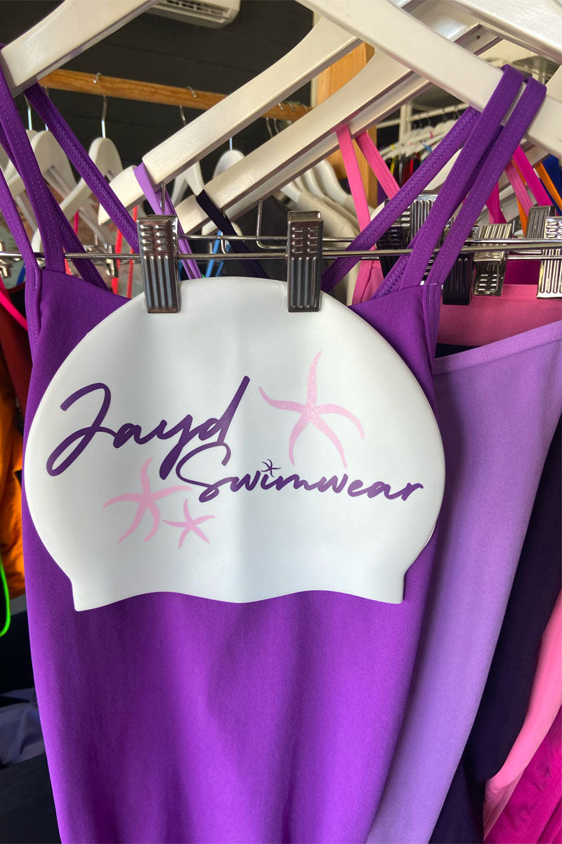 Starfish swim cap paired with JAYD purple Murasaki one piece.