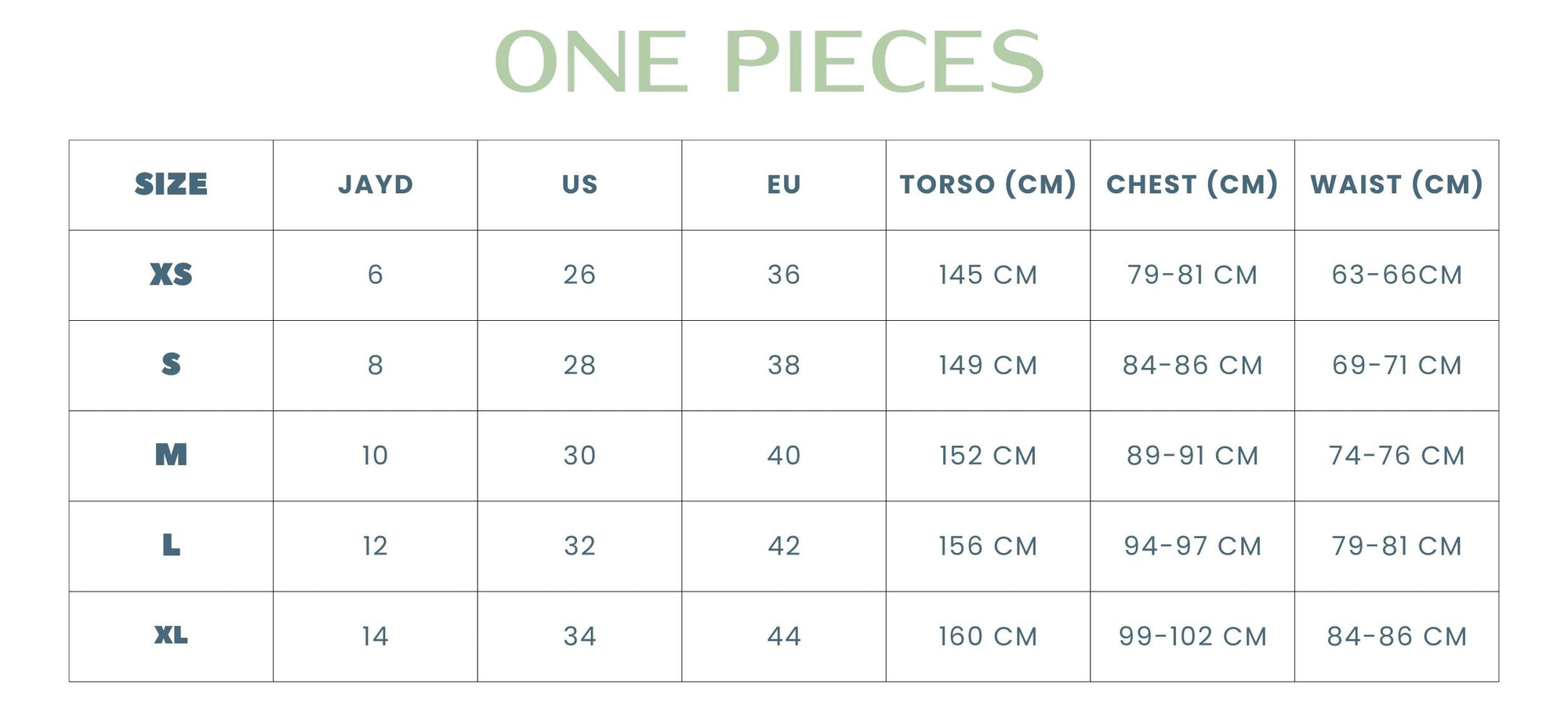 Size chart for one-piece swim suits with measurements in centimeters.
