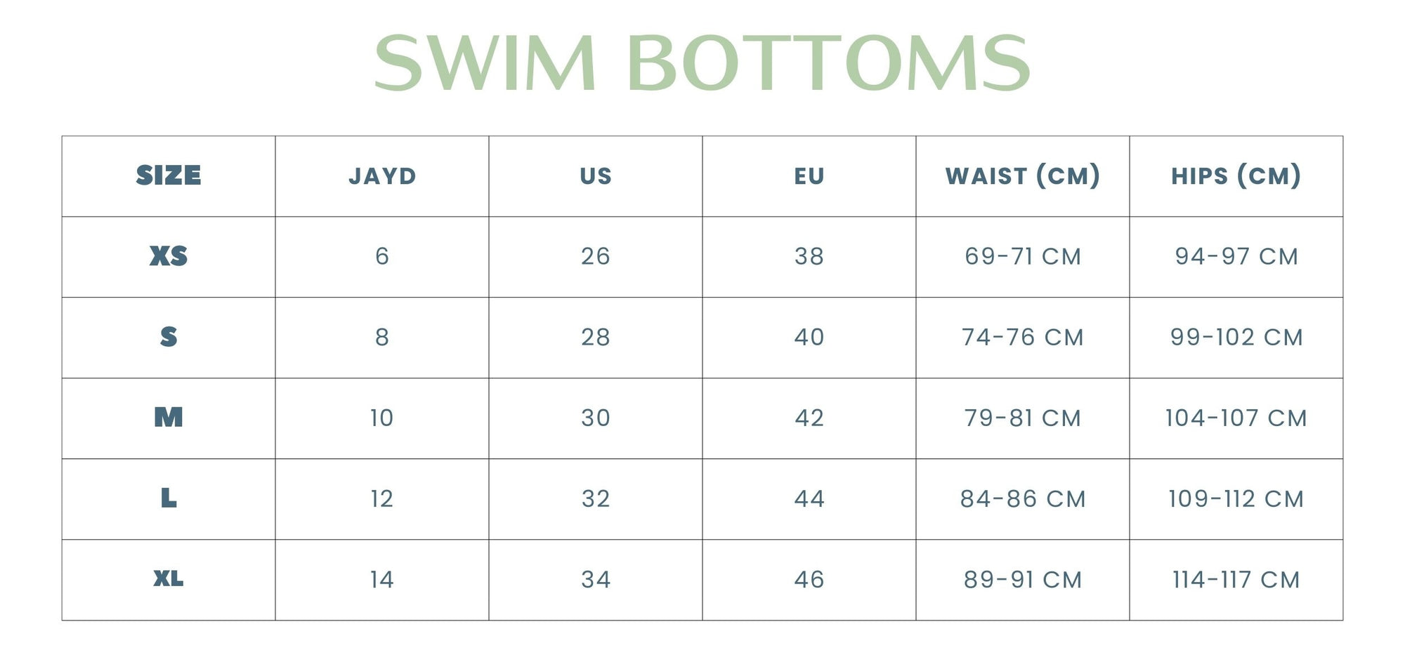 Size chart for bikini bottom swim suits with measurements in centimeters.