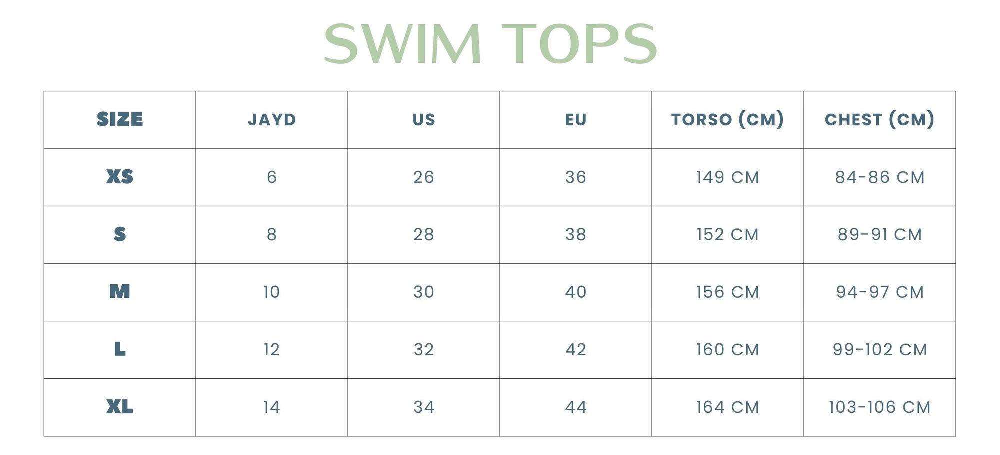 Size chart for bikini top swim suits with measurements in centimeters.