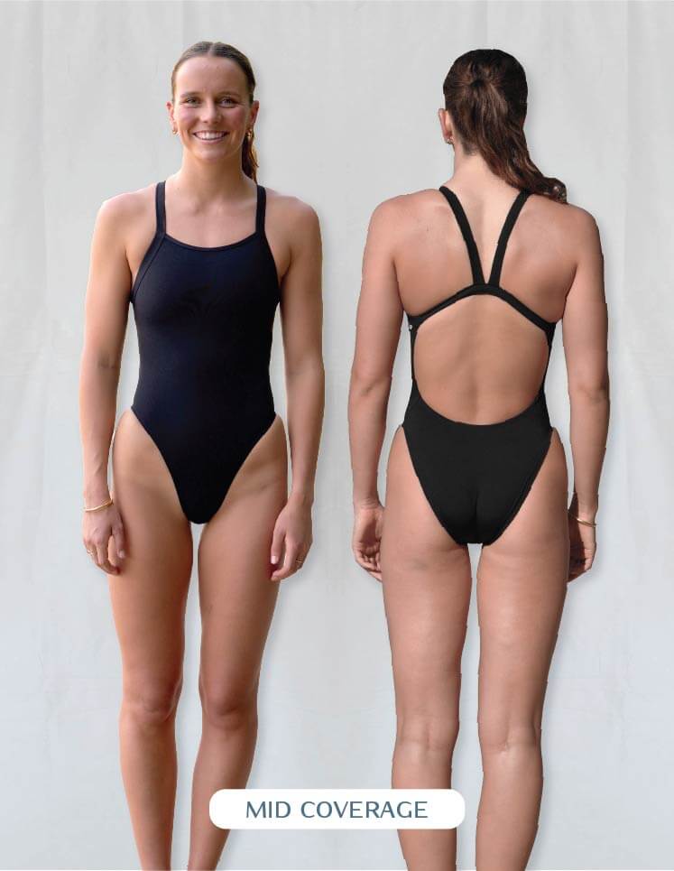 Woman wearing black Soraya swimsuit from front and back views on a plain background
