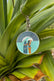 JAYD Swimwear keychain featuring a woman with a surfboard staring into the distant sunset on a beach, hanging from a plant.