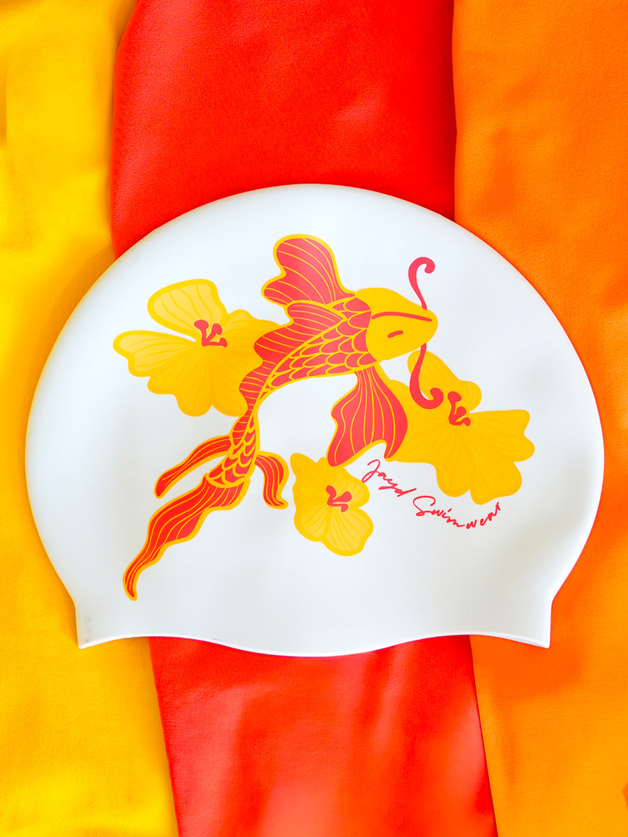 JAYD Swim cap with koi fish illustration.
