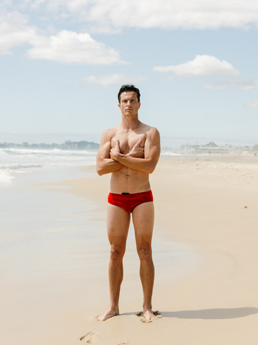 Front view of Ramshark Mens Briefs in Red by JAYD Swimwear.