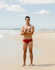 Front view of Ramshark Mens Briefs in Red by JAYD Swimwear.