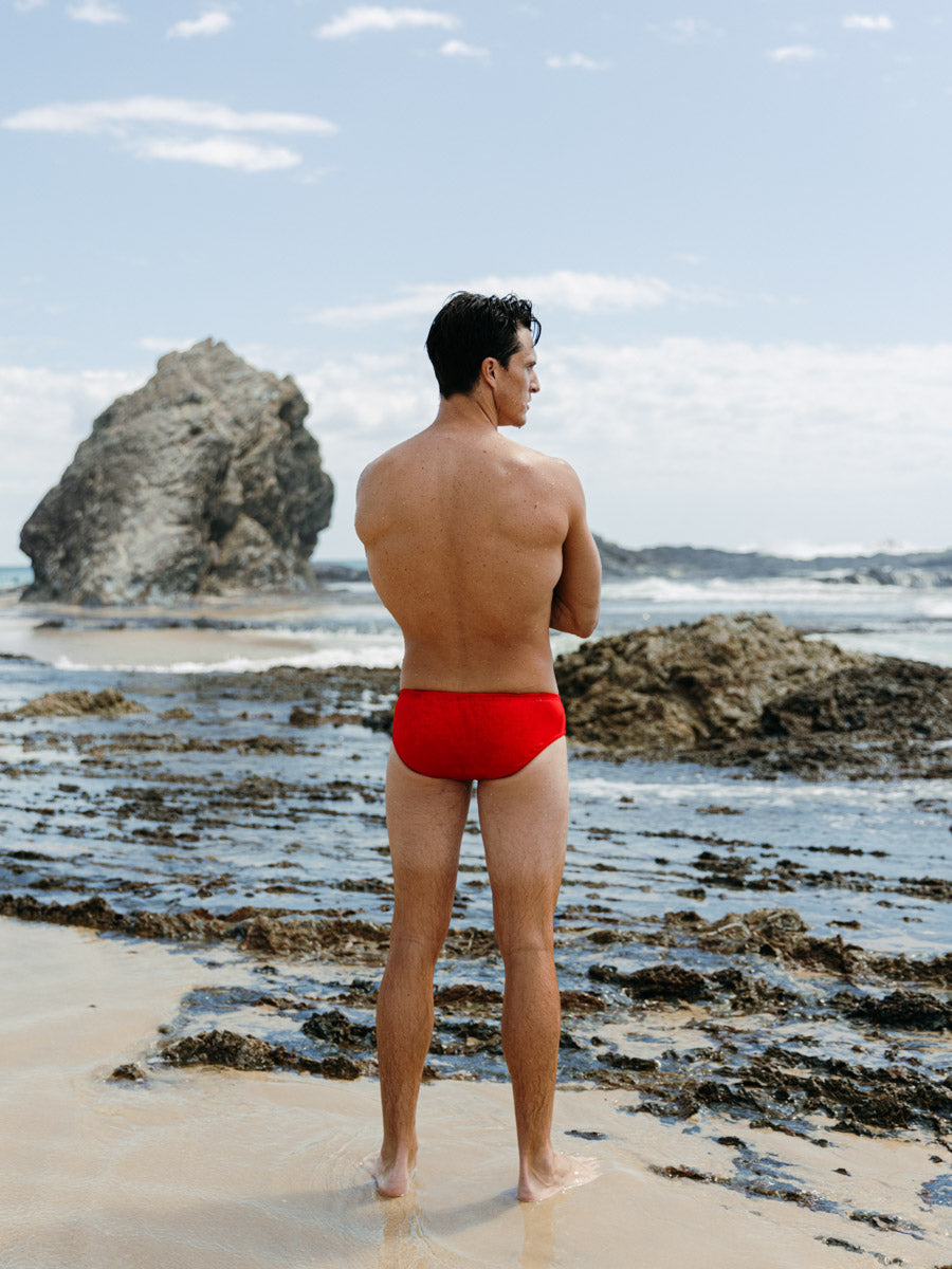 Back view of Ramshark Mens Briefs in Red by JAYD Swimwear.