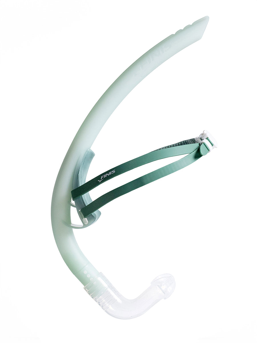 Sage green FINIS Stability Snorkel with a matching green adjustable strap and a clear mouthpiece, shown against a plain white background.