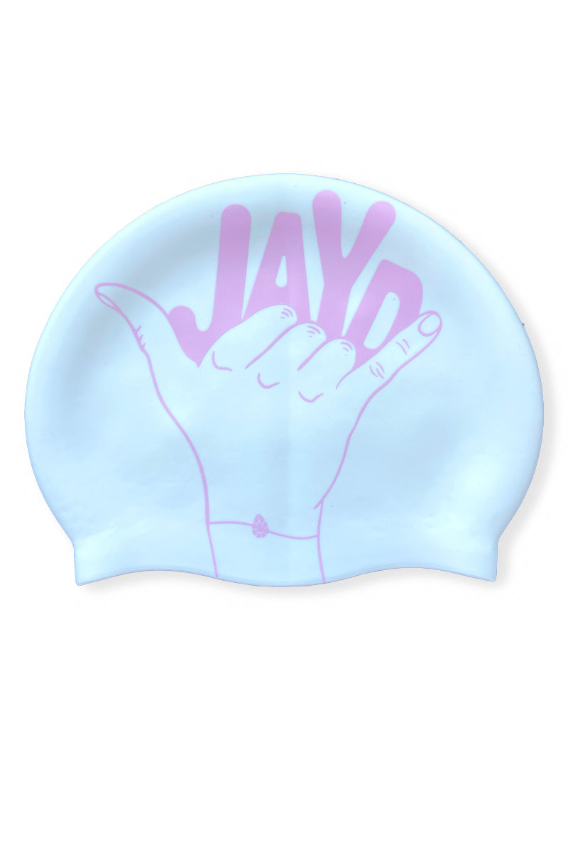 Pink Shaka swim cap with pink JAYD text and JAYD Gem bracelet.