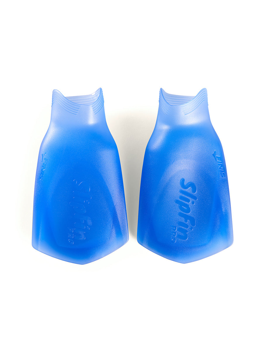 A pair of blue silicone swim fins with the brand name 'SipFin' embossed on the side, displayed against a plain white background.