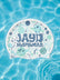 A swim cap floating on clear blue pool water, printed with the words 'JAYD SWIMWEAR' in dark blue and decorated with light green and blue doodles.