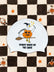 A white novelty swim cap featuring a cartoon illustration of a goose dressed as a witch riding a broomstick on a pumpkin, with the text 'JAYD SWIMWEAR' and 'SPOOKY GOOSE ON THE LOOSE'. The cap is displayed on a black and cream checkered background decorated with small orange stars and cartoon pumpkins.