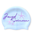 White swim cap with JAYD Swimwear in purple text and pink starfish. 