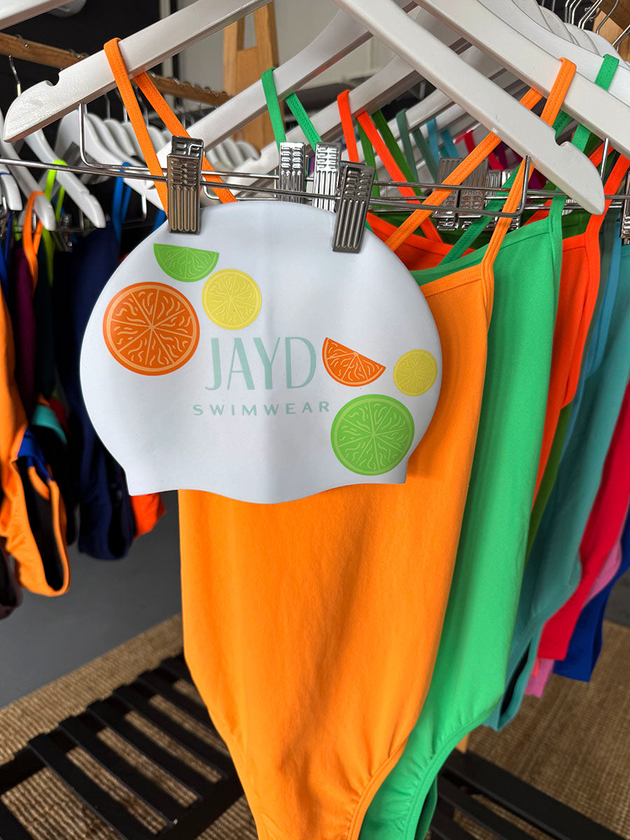 Compliment your favourite fluro swimsuit with a splash of citrus! This fruity little JAYD Swim Cap is ready to pair with your Meadow, Splice, Neon Orange, or Sunshine One Piece.