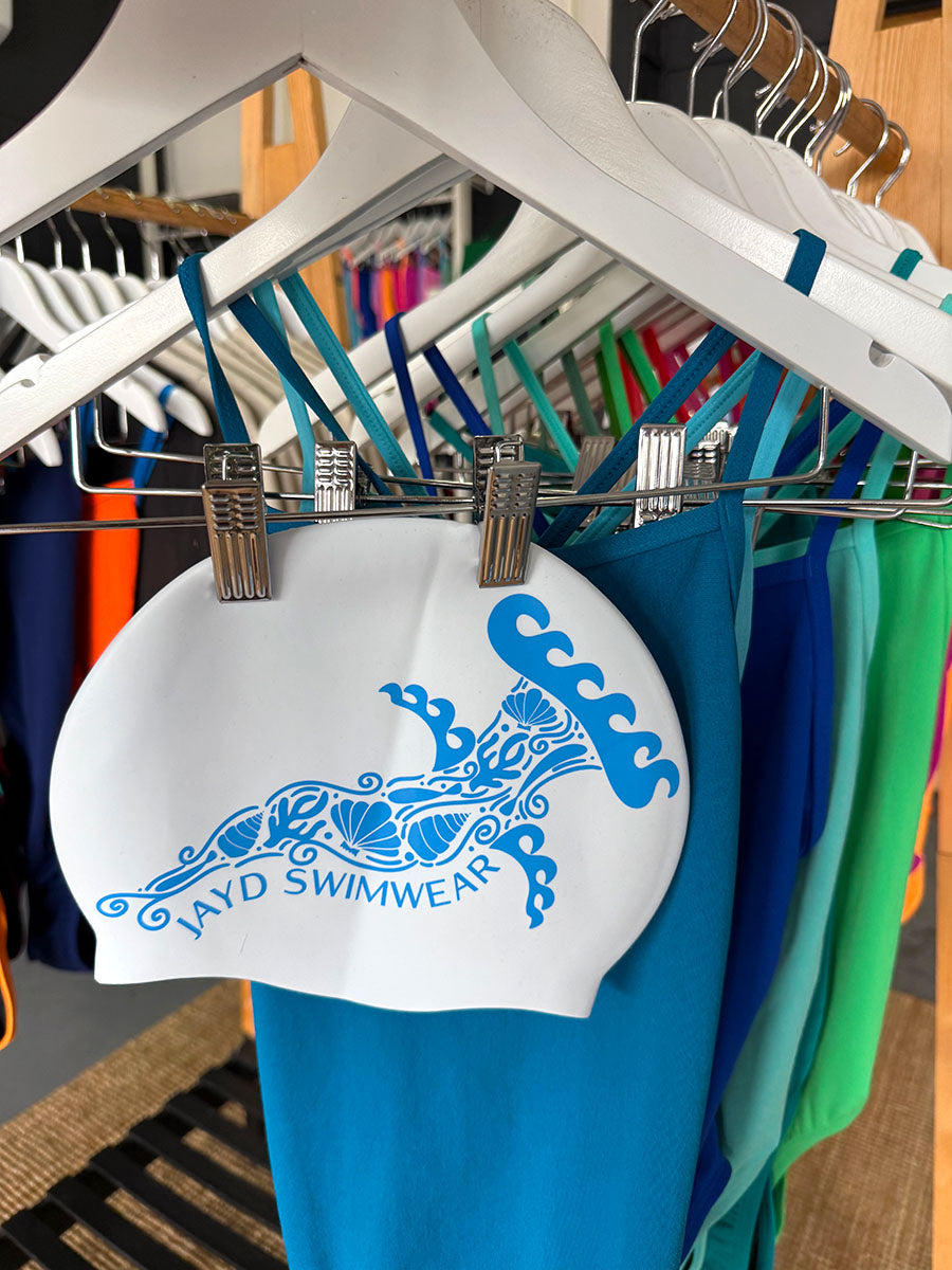 This blue hammer head JAYD Swim Cap pairs perfectly with our JAYD One Piece Atlantic, Mykonos, Seamist and Cobalt ocean shades.