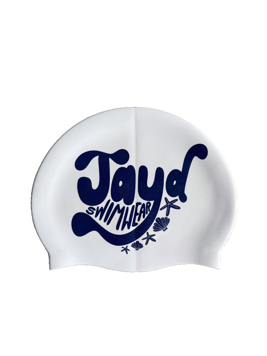 Side A: Make some motion in the ocean with this Swim Cap, featuring starfish, shells and JAYD Swimwear text like you've never seen before: Groovy, fluid, and full of fun!