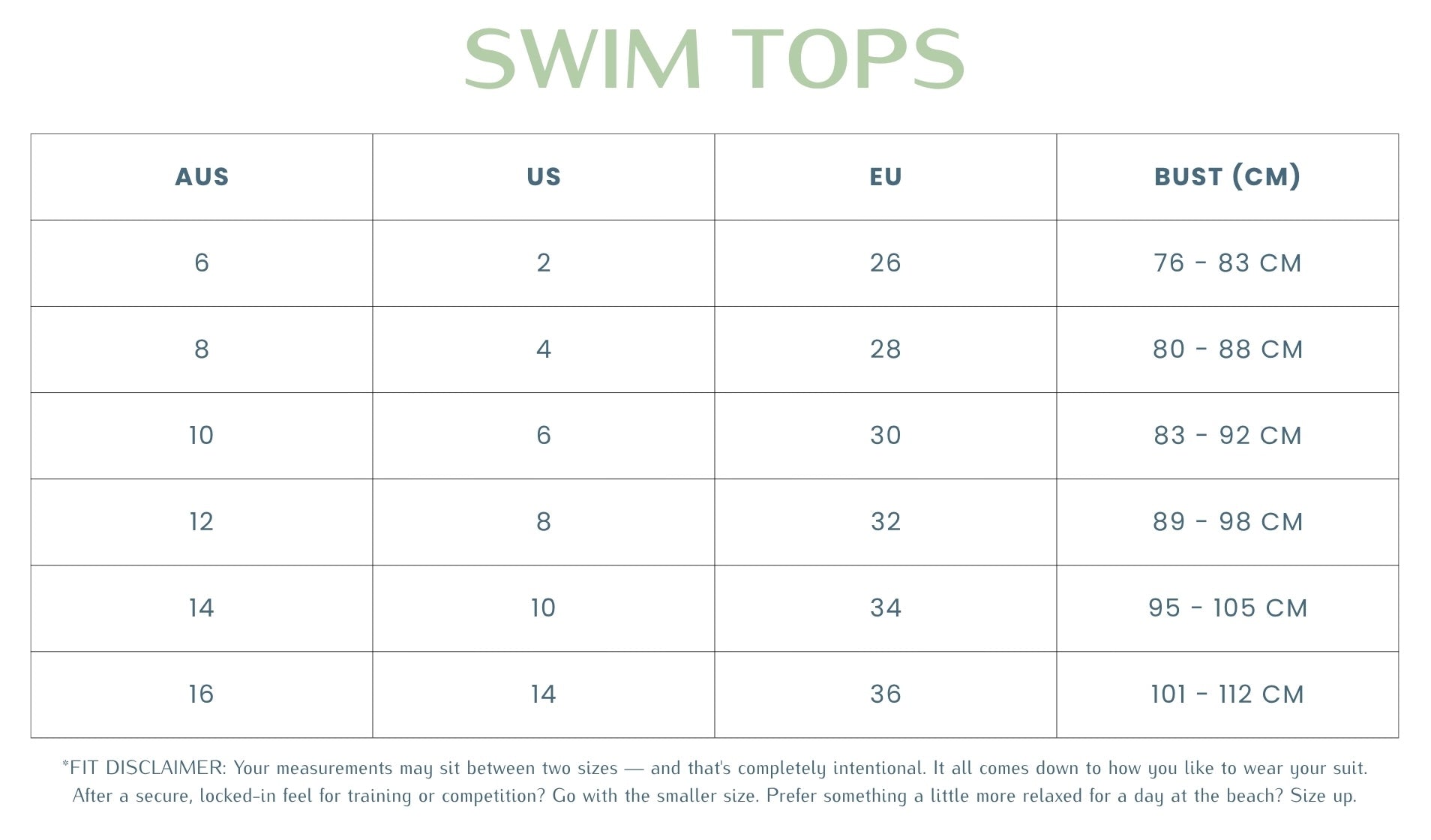 JAYD Swimwear Top size chart