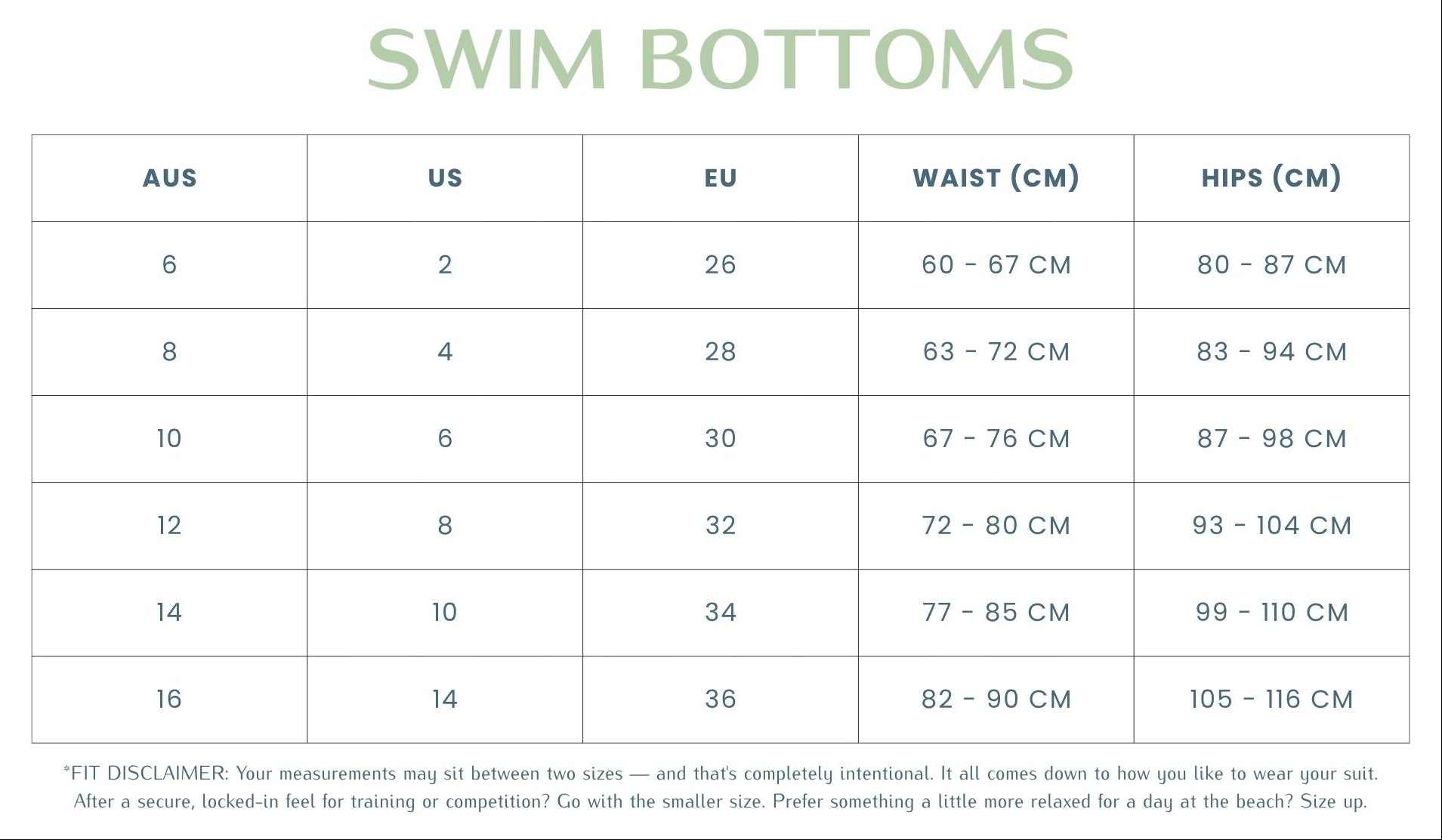 JAYD Swimwear bottoms size chart