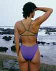 The Zambia murasaki x olive one piece is the perfect balance between bold purple and subtle green, with a mid bum coverage and fixed back straps for maximum support and comfort. 