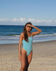 JAYD Swimwear Zambia One Piece Athletic Swimsuit in Mykonos Blue.