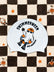 A white swim cap with a Halloween-themed graphic featuring a ghost swimmer in orange and black, with the text 'SWIMMERWEEN' and 'JAYD SWIMWEAR', displayed on a black and cream checkered background with small pumpkin and star illustrations.